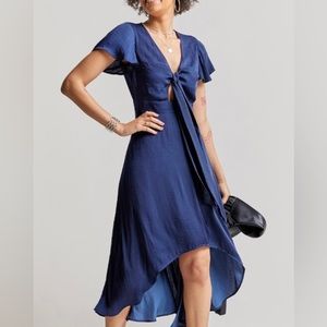 Blue Rain Front Tie Midi Dress Size Large Navy